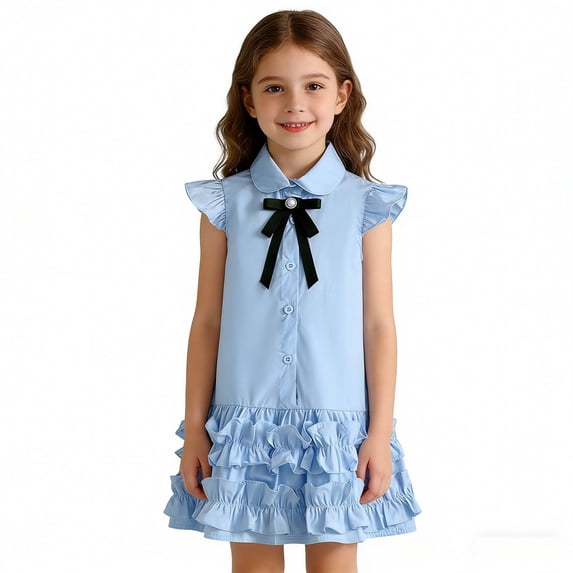 ZHOGXU Toddler Kids Girls Dress Flying Sleeve Lapel Solid Color Buttons Layered Ruffle Comfortable Stylish Dresses For Daily Wear And Party,Blue,4-5 Years