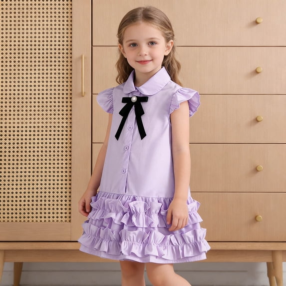 ZHOGXU Toddler Kids Girls Dress Flying Sleeve Lapel Solid Color Buttons Layered Ruffle Comfortable Stylish Dresses For Daily Wear And Party,Purple,5-6 Years