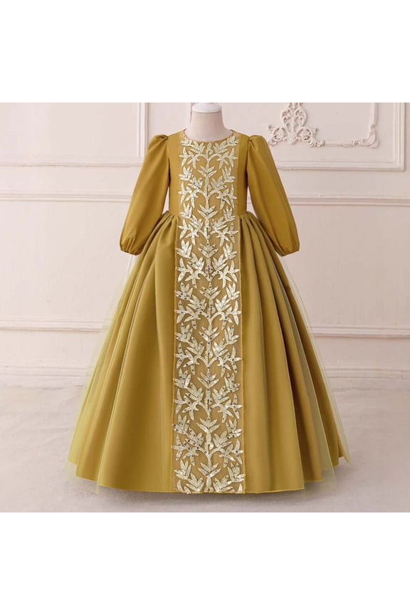 Toddler Kids Girls Dress Long Sleeve Round Neck Embroidered Sequins Comfortable Elegant Traditional Robe For Formal Evening Party,Gold,4-5 Years