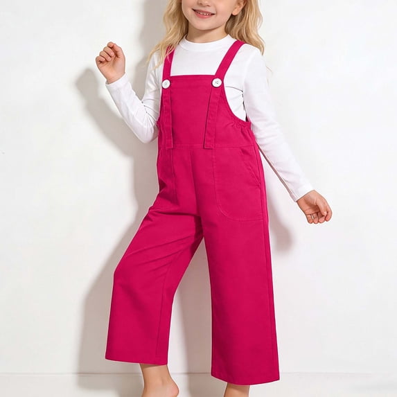 ZHOGXU Toddler Kids Girls Overalls With Adjustable Straps Solid Color Comfortable Stylish Pants Trousers For Casual Daily Wear,Hot Pink,6-7 Years