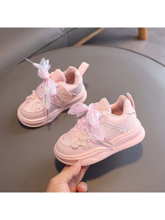 Toddler Kids Girls Sneakers Non Slip Flat Sole Soft Sole Bow Design Sequins Lightweight Breathable Walking Shoes For Casual Daily Wear,Pink,12-18 Months