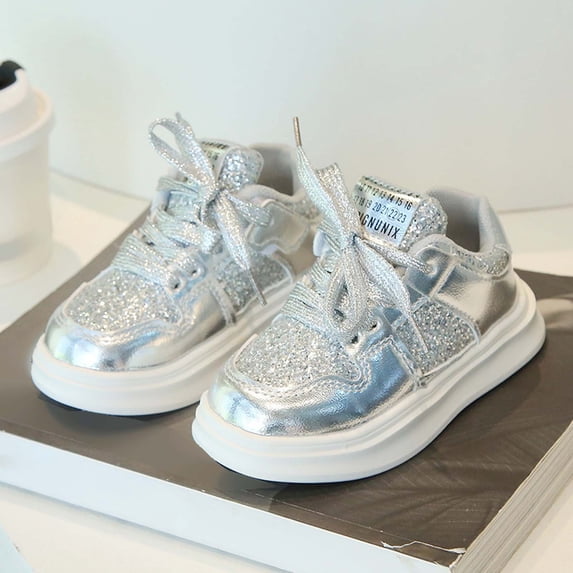 ZHOGXU Toddler Kids Girls Sneakers Non Slip Flat Sole Soft Sole Sequins Lightweight Breathable Walking Shoes For Casual Daily Wear,Silver,12-18 Months