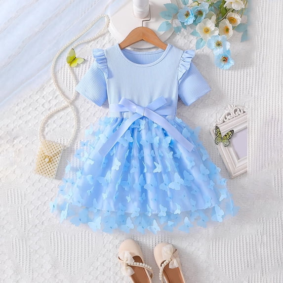 ZHOGXU Toddler Kids Girls Summer Dress Short Sleeve Round Neck Butterfly Print Comfortable Fashion Dresses For Celebrations Photoshoots,Blue,3-4Y