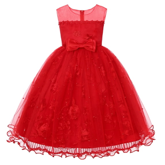ZHOGXU Toddler Kids Girls Summer Dress Sleeveless Round Neck Bowknot Flower Embroidered Comfortable Fashion Mesh Tutu Dresses For Wedding Birthday Party,Red,5-6 Years