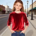 thumbnail image 1 of ZHOGXU Toddler Kids Girls T Shirt 3/4 Sleeve Round Neck Solid Color Velvet Soft Comfortable Top For Casual Daily Wear,Red,9-10 Years, 1 of 4