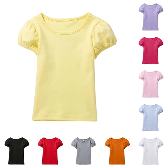 ZHOGXU Toddler Kids Girls T Shirt Puff Sleeve Round Neck Solid Color Cute Comfortable Lightweight Top Tee For Casual Daily Wear,Yellow,5-6 Years