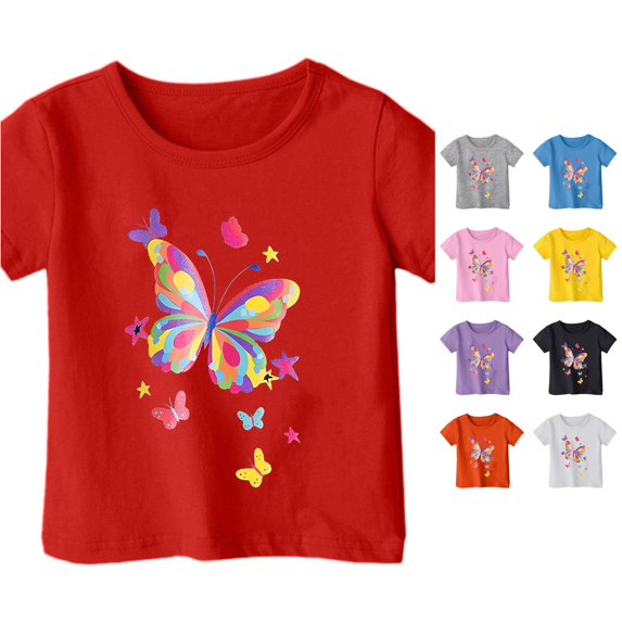 ZHOGXU Toddler Kids Girls T Shirt Short Sleeve Round Neck Butterfly Print Fashion Comfortable Tee Top For Casual Daily Wear,Red,1-2 Years