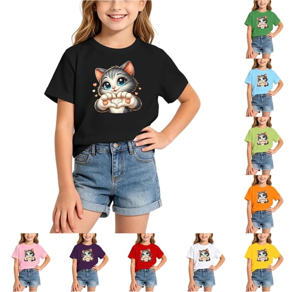 ZHOGXU Toddler Kids Girls T Shirt Short Sleeve Round Neck Cute Cat Print Comfortable Breathable Fashion Tee Top For Everyday Wear,Black,12-14 Years