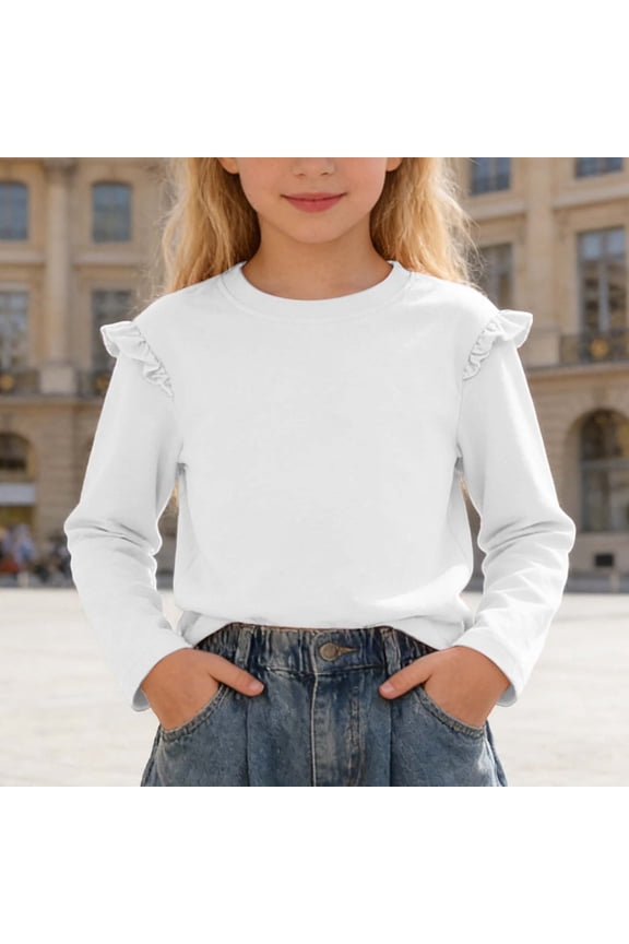 Toddler Kids Girls Top Long Sleeve Round Neck Solid Color Ruffle Hem Detail Breathable Comfortable Tee For Casual Daily Wear,White,13-14 Years