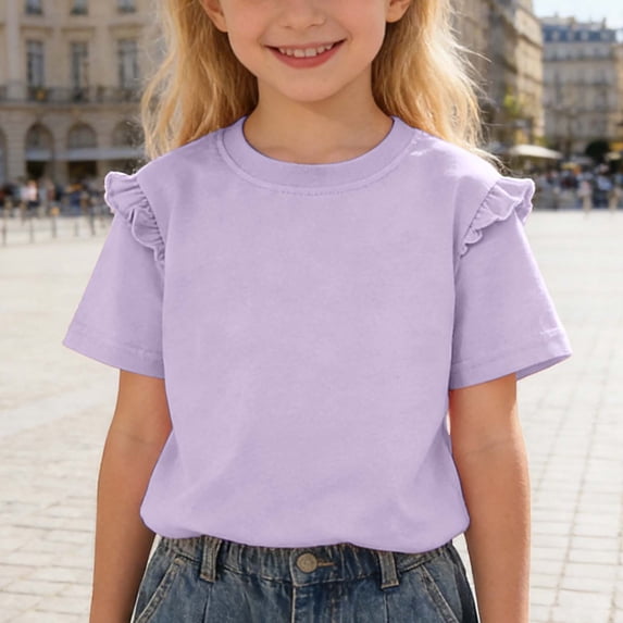 ZHOGXU Toddler Kids Girls Top Short Sleeve Round Neck Solid Color Ruffles Breathable Comfortable Tee For Casual Daily Wear,Purple,11-12 Years