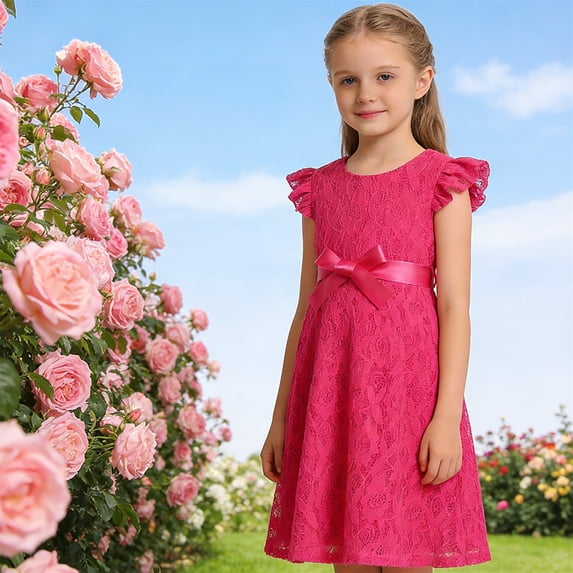 ZHOGXU Toddlers Kids Girls Lace Dress Summer Flying Sleeves Round Neck Solid Color Elegant Comfortable Dresses For Daily Wear And Party,Hot Pink,4-5 Years
