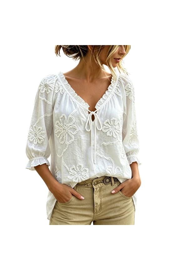 Tops For Women Dressy Solid Color V Neck Knit Embroidered Blouson Shirt With Ruffle Flowy Short Sleeve Knitwear Relaxed Fit Crease Comfort Resort Wear