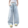 thumbnail image 1 of ZHOGXU Trendy Elastic Waist Drawstring Solid Color Wide Leg Jogger Kids Girls Pants All Season Suitable, 1 of 2