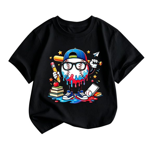 ZHOGXU Unique Boys Baseball Print Shirt Short Sleeve O Neck Tee Tops For Kids Kindergarten Breathable,Sport Active,Black,8-9 Years