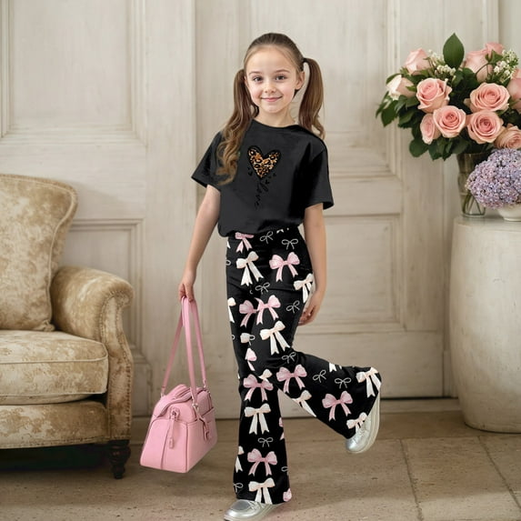 ZHOGXU Valentine'S Day Big Kids Girls Outfit Cute Bow Heart Print Short Sleeve Top And Flare Leg Pants Two Piece Comfortable Fashion Sets Black 9-10 Years