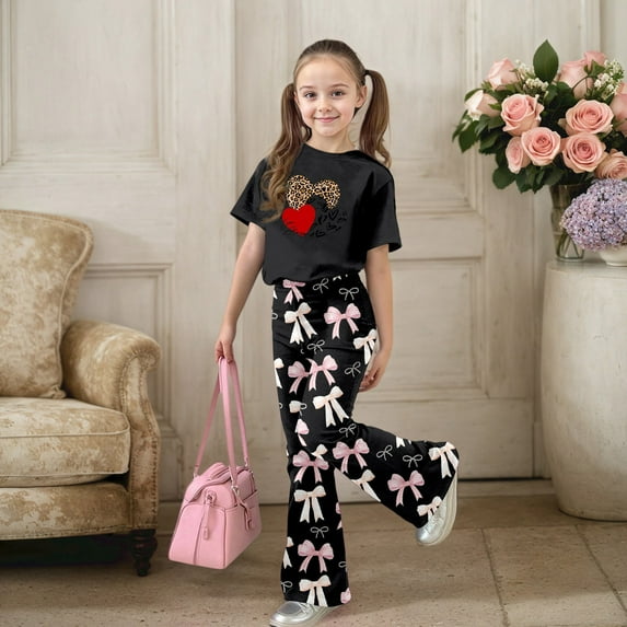 ZHOGXU Valentine'S Day Big Kids Girls Outfit Cute Bow Heart Print Short Sleeve Top And Flare Leg Pants Two Piece Comfortable Fashion Sets Black 9-10 Years