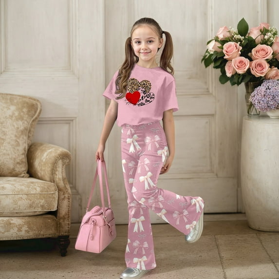 ZHOGXU Valentine'S Day Big Kids Girls Outfit Cute Bow Heart Print Short Sleeve Top And Flare Leg Pants Two Piece Comfortable Fashion Sets Pink 11-12 Years