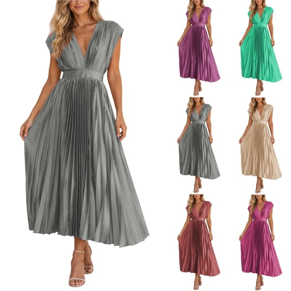 ZHOGXU Wedding Guest Dresses For Women Sleeveless V Neck Pleated A-Line ...