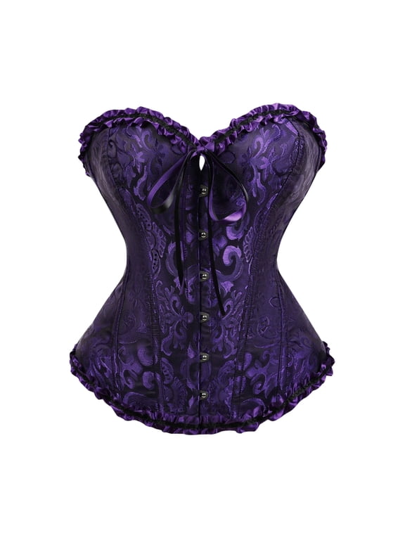 Western Style Corset Bustier For Women Strapless Ruffle Lace Up Sweetheart Overbust Bodice,Dark Purple,S