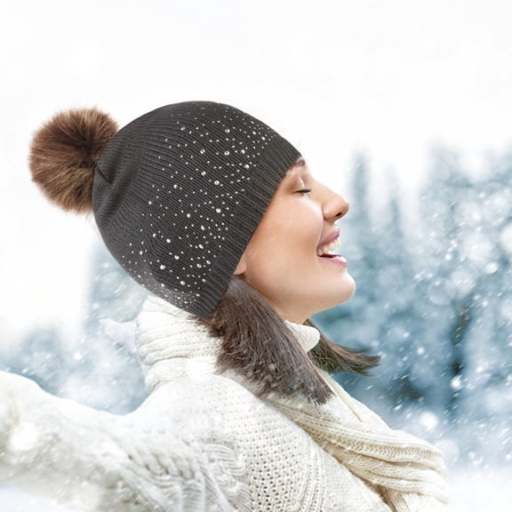 ZHOGXU Winter Beanie Hat For Women Solid Color Rhinestone Design Knitted Thick Warm Comfortable Caps For Autumn Winter Daily Wear Grey One Size