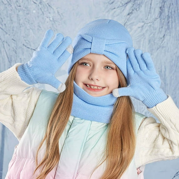 ZHOGXU Winter Beanie Hat Scarf Gloves Set For Big Girls Boys Solid Color Caps Long Scarf Touchscreen Gloves Knitted Warm Comfortable Outfits 3 Pack For Daily Wear Sky Blue One Size