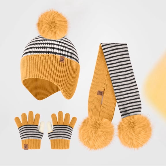 ZHOGXU Winter Beanie Hat Scarf Gloves Set For Big Kids Girls Boys Striped Print Caps Long Scarf Touchscreen Gloves Knitted Warm Comfortable Outfits 3 Pack For Daily Wear Yellow One Size