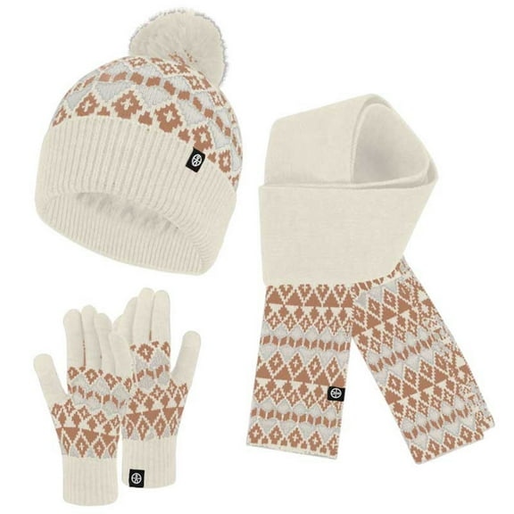 ZHOGXU Winter Beanie Hat Scarf Gloves Set For Women And Men Geometric Print Caps Long Scarf Touchscreen Gloves Knitted Warm Comfortable Outfits 3 Pack For Daily Wear Beige One Size