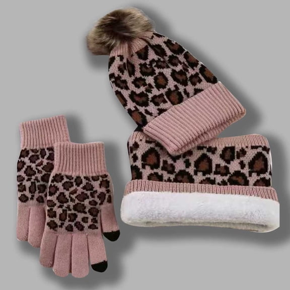 ZHOGXU Winter Beanie Hat Scarf Gloves Set For Women And Men Leopard Print Caps Long Scarf Touchscreen Gloves Knitted Warm Comfortable Outfits 3 Pack For Daily Wear Pink One Size