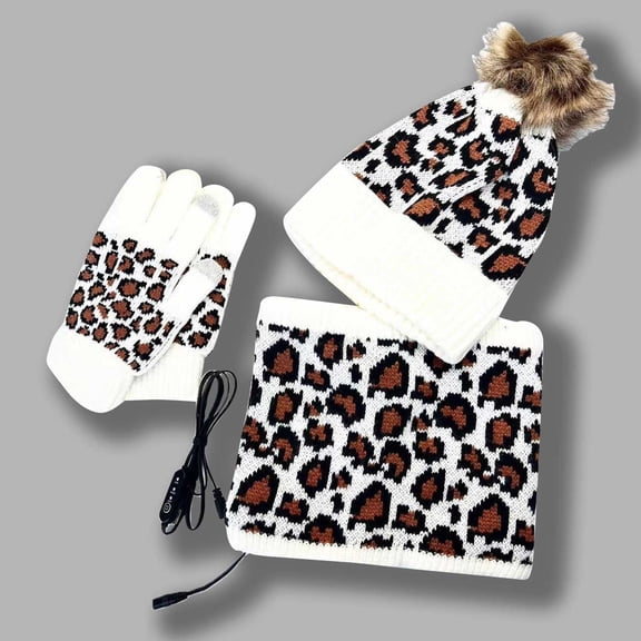 ZHOGXU Winter Beanie Hat Scarf Gloves Set For Women And Men Leopard Print Caps Long Scarf Touchscreen Gloves Knitted Warm Comfortable Outfits 3 Pack For Daily Wear White One Size