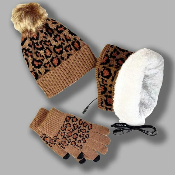 ZHOGXU Winter Beanie Hat Scarf Gloves Set For Women And Men Leopard Print Caps Long Scarf Touchscreen Gloves Knitted Warm Comfortable Outfits 3 Pack For Daily Wear Coffee One Size