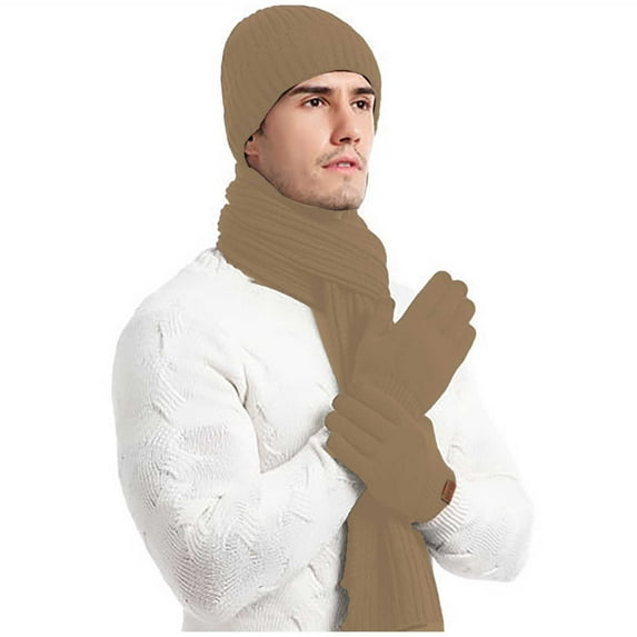 ZHOGXU Winter Beanie Hat Scarf Gloves Set For Women And Men Solid Color Caps Long Scarf Touchscreen Gloves Knitted Warm Comfortable Outfits 3 Pack For Daily Wear Khaki One Size