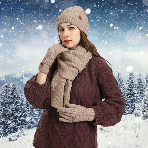 ZHOGXU Winter Beanie Hat Scarf Gloves Set For Women And Men Thick Caps Long Scarf Touchscreen Gloves Knitted Warm Comfortable Outfits 3 Pack For Daily Wear Khaki One Size