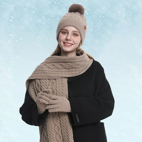 ZHOGXU Winter Beanie Hat Scarf Gloves Set For Women And Men Thick Caps Long Scarf Touchscreen Gloves Knitted Warm Comfortable Outfits 3 Pack For Daily Wear Khaki One Size