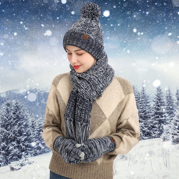 ZHOGXU Winter Beanie Hat Scarf Gloves Set For Women And Men Thick Caps Long Scarf Touchscreen Gloves Knitted Warm Comfortable Outfits 3 Pack For Daily Wear Navy One Size