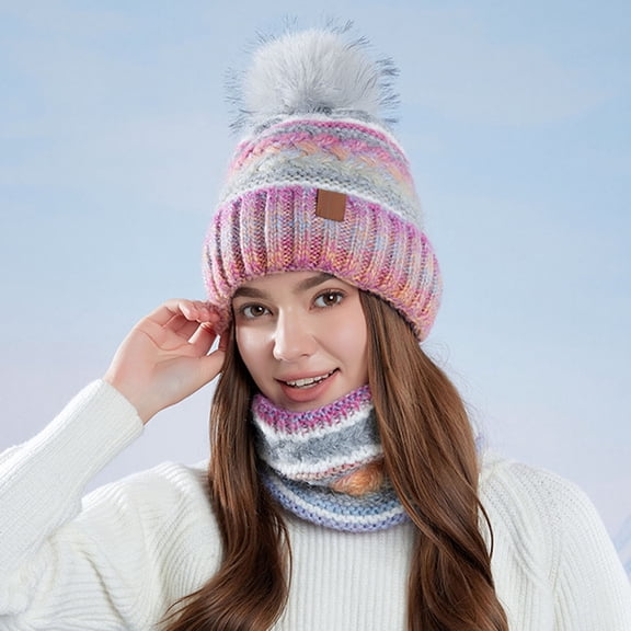 ZHOGXU Winter Beanie Hat Scarf Gloves Set For Women And Men Thick Caps Long Scarf Touchscreen Gloves Knitted Warm Comfortable Outfits 3 Pack For Daily Wear Purple One Size