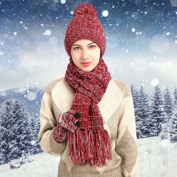 ZHOGXU Winter Beanie Hat Scarf Gloves Set For Women And Men Thick Caps Long Scarf Touchscreen Gloves Knitted Warm Comfortable Outfits 3 Pack For Daily Wear Red One Size