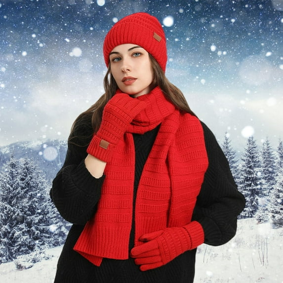 ZHOGXU Winter Beanie Hat Scarf Gloves Set For Women And Men Thick Caps Long Scarf Touchscreen Gloves Knitted Warm Comfortable Outfits 3 Pack For Daily Wear Red One Size