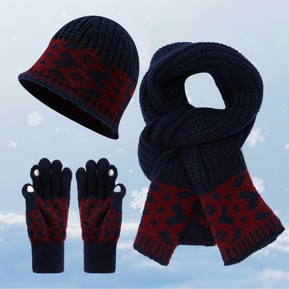 ZHOGXU Winter Beanie Hat Scarf Gloves Set For Women And Men Thick Caps Long Scarf Touchscreen Gloves Solid Color Knitted Warm Comfortable Outfits 3 Pack For Daily Wear Navy One Size