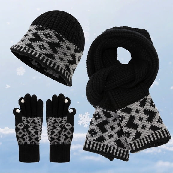 ZHOGXU Winter Beanie Hat Scarf Gloves Set For Women And Men Thick Caps Long Scarf Touchscreen Gloves Solid Color Knitted Warm Comfortable Outfits 3 Pack For Daily Wear Black One Size
