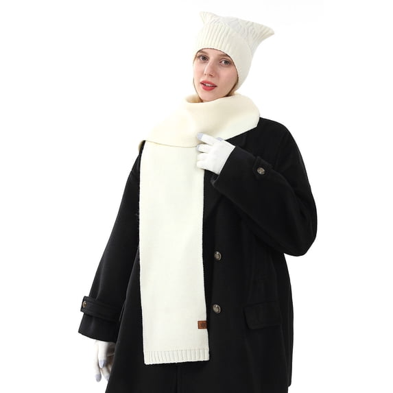 ZHOGXU Winter Beanie Hat Scarf Gloves Set For Women And Men Thick Caps Long Scarf Touchscreen Gloves Solid Color Knitted Warm Comfortable Outfits 3 Pack For Daily Wear White One Size