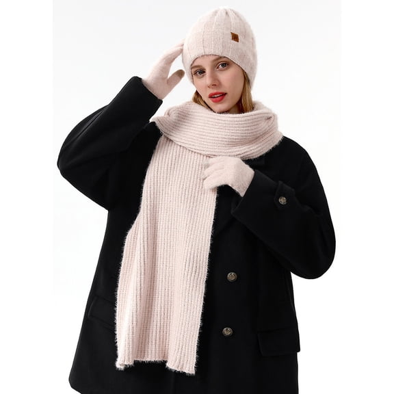 ZHOGXU Winter Beanie Hat Scarf Gloves Set For Women And Men Thick Caps Long Scarf Touchscreen Gloves Solid Color Knitted Warm Comfortable Outfits 3 Pack For Daily Wear Beige One Size