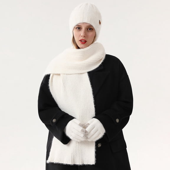 ZHOGXU Winter Beanie Hat Scarf Gloves Set For Women And Men Thick Caps Long Scarf Touchscreen Gloves Solid Color Knitted Warm Comfortable Outfits 3 Pack For Daily Wear White One Size