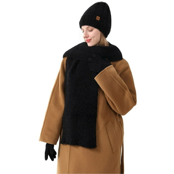 ZHOGXU Winter Beanie Hat Scarf Gloves Set For Women And Men Thick Caps Long Scarf Touchscreen Gloves Solid Color Knitted Warm Comfortable Outfits 3 Pack For Daily Wear Black One Size