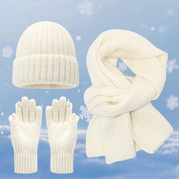 ZHOGXU Winter Beanie Hat Scarf Gloves Set For Women And Men Thick Caps Long Scarf Touchscreen Gloves Solid Color Knitted Warm Comfortable Outfits 3 Pack For Daily Wear White One Size