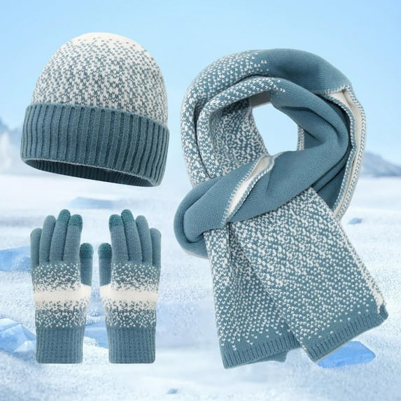 ZHOGXU Winter Beanie Hat Scarf Gloves Set For Women Thick Caps Long Scarf Touchscreen Gloves Color Block Knitted Warm Comfortable Outfits 3 Pack For Daily Wear Blue One Size