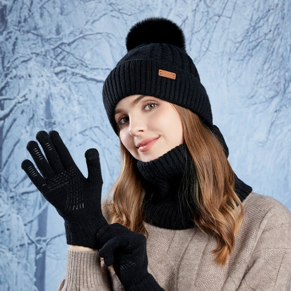ZHOGXU Winter Beanie Hat Scarf Gloves Set For Women Thick Caps Long Scarf Touchscreen Gloves Solid Color Knitted Warm Comfortable Outfits 3 Pack For Daily Wear Black One Size