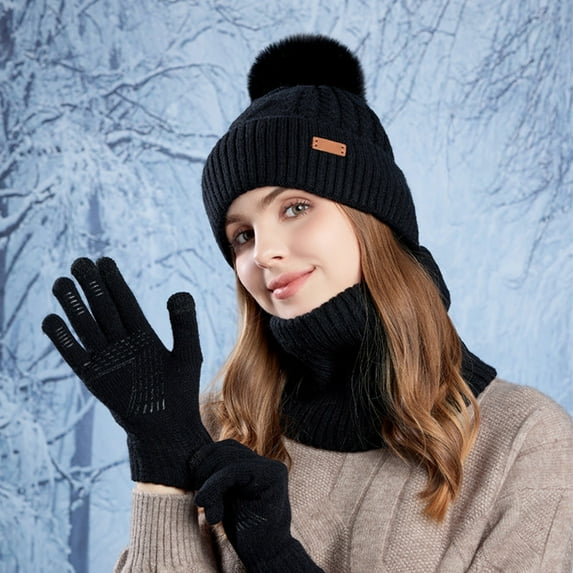 ZHOGXU Winter Beanie Hat Scarf Gloves Set For Women Thick Caps Long Scarf Touchscreen Gloves Solid Color Knitted Warm Comfortable Outfits 3 Pack For Daily Wear Black One Size