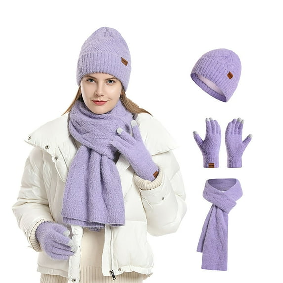 ZHOGXU Winter Beanie Hat Scarf Gloves Set For Women Thick Caps Long Scarf Touchscreen Gloves Solid Color Knitted Warm Comfortable Outfits 3 Pack For Daily Wear Light Purple One Size