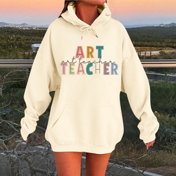 ZHOGXU Women Autumn And Winter Hoodies With Pockets Letter Print Long Sleeved Drawstring Comfortable Loose Soft Sweatshirt For Casual Daily Wear,Beige,M