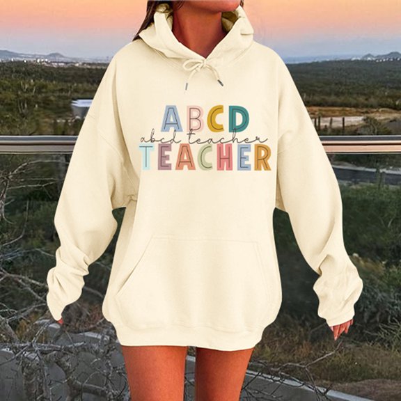 ZHOGXU Women Autumn And Winter Hoodies With Pockets Letter Print Long Sleeved Drawstring Comfortable Loose Soft Sweatshirt For Casual Daily Wear,Beige,Xl